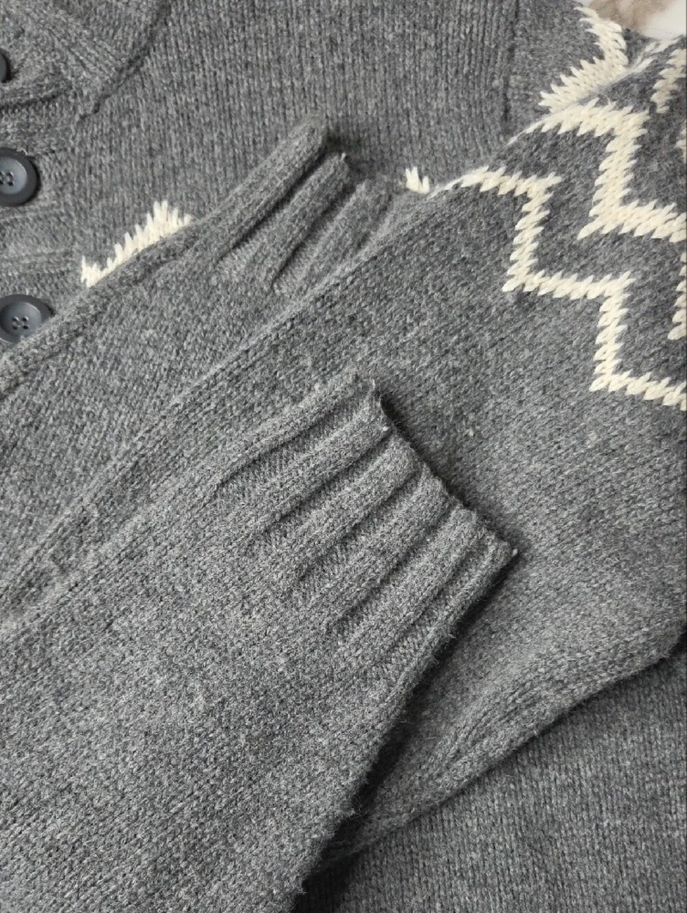 Men's Gray Button Nordic Pattern Sweater with Ivory Accent